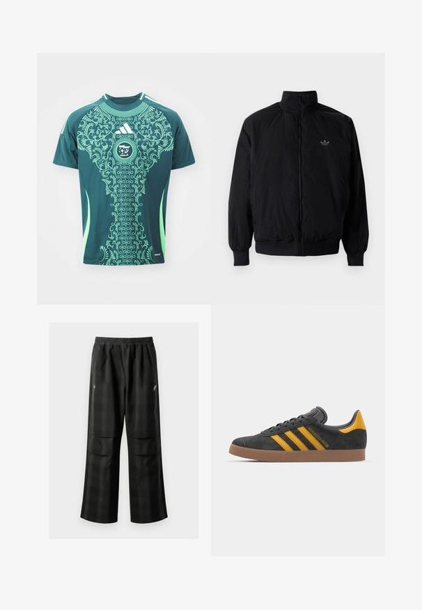 Crna jakna na zip s visokim ovratnikom, izrađena od laganog materijala. Ima elastične manžete i pojas, s malim logotipom na gornjem lijevom dijelu.; adidas Performance ALGERIA FAF AWAY JERSEY - Nogometni dres - mineral green; Crne karirane hlače s elastičnom urezom, dva prednja džepa i ležernim krojem s ravnim nogavicama. Izrađene su od laganog materijala.; Crne nubuk tenisice s žutim detaljima, sa tri pruge i smešnim gumenim potplatom. Imaju jastučić na jeziku za udobnost.