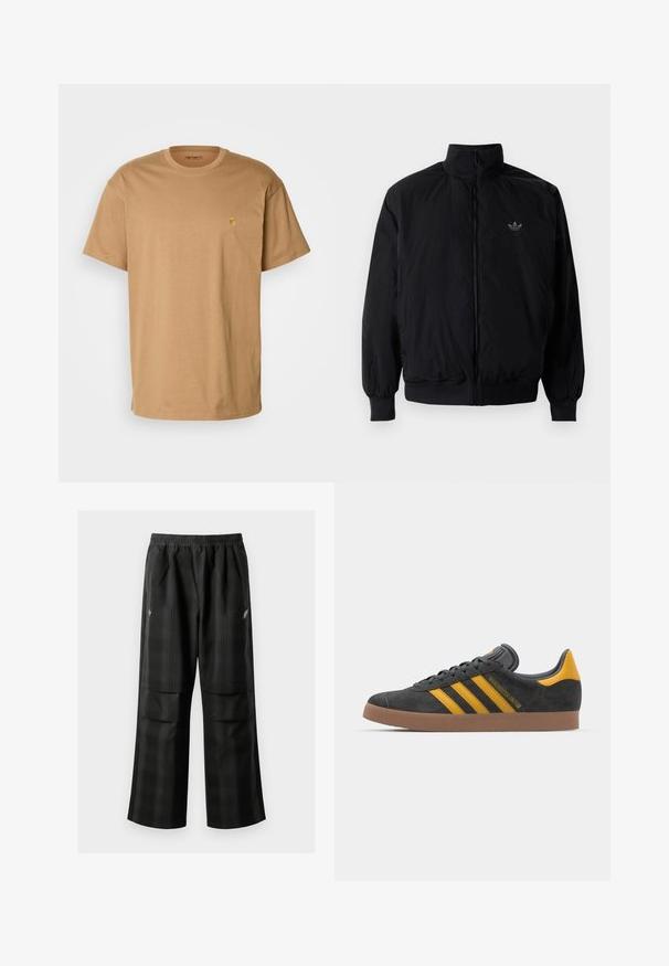 Musta vetoketjullinen takki, jossa on korkea kaulus, valmistettu kevyestä materiaalista. Varustettu joustavilla hihoilla ja vyötäröllä, ja ylävasemmalla on pieni logo.; Carhartt WIP CHASE - T-paita - peanut/gold; Mustat ruudulliset housut, joissa on joustava vyötärö, kaksi etutaskua ja rento istuvuus suoralla lahkeella. Valmistettu kevyestä materiaalista.; Mustat samettiset tennarit, joissa on keltaisia yksityiskohtia, kolmonen raita ja ruskea kumipohja. Sisältää pehmustetun kielisen mukavuutta varten.