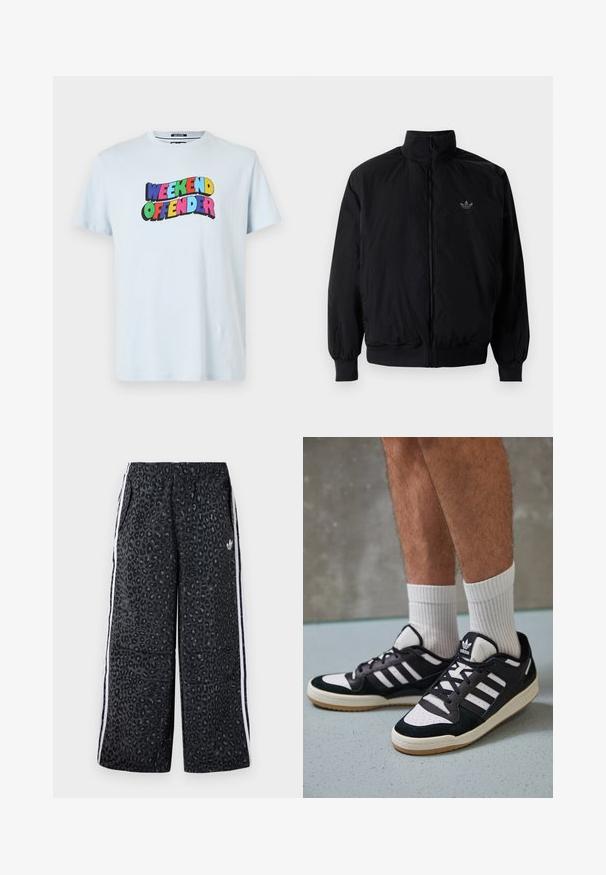 Czarna kurtka zapinana na zamek z wysokim kołnierzem, wykonana z lekkiego materiału. Posiada elastyczne mankiety i pas, oraz małe logo na górnej lewej stronie.; Jasnoniebieska bawełniana koszulka z wielokolorowym napisem "WEEKEND OFFENDER" nadrukowanym na piersi w wyrazistych, zabawnych czcionkach.; adidas Originals UNISEX czarny; Czarno-białe sneakersy z zamszową i skórzaną cholewką, z trzema białymi paskami, perforowanym czubkiem i gumową podeszwą w kolorze gumy.
