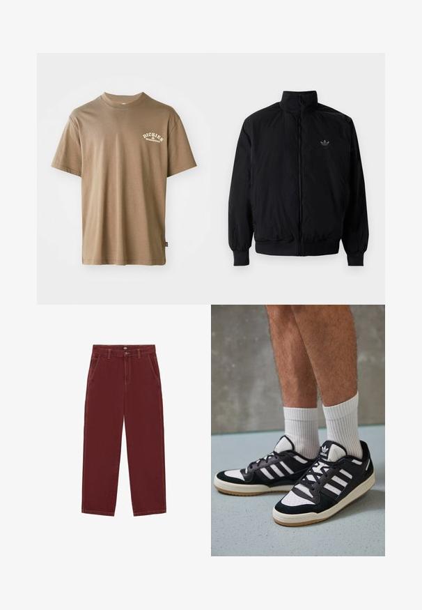 Black zipped jacket with high collar, made of lightweight material. Features elastic cuffs and waistband, with a small logo on the upper left.; Brown cotton t-shirt featuring a crew neck, short sleeves, and a white logo reading "Dickies Workwear" on the left chest area.; Burgundy wide-leg pants with a high waist, clean finish, five pockets, and visible orange stitching. Made from sturdy denim material.; Black and white sneakers with a suede and leather upper, featuring three white stripes, a perforated toe, and a gum rubber sole.