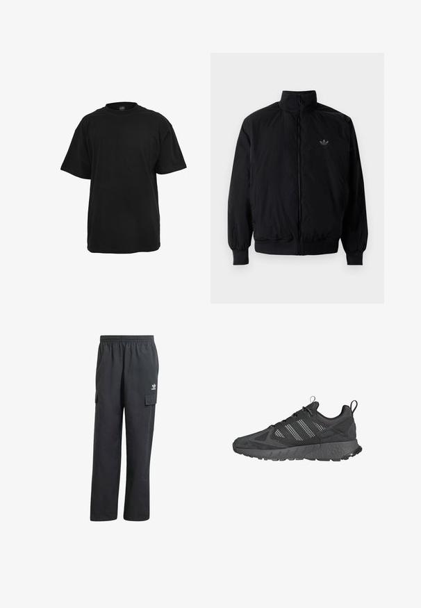 Čierna zips kombinéza s vysokým golierom, vyrobená z ľahkého materiálu. Obsahuje elastické manžety a pás, s malým logom na hornej ľavej strane.; Čierne bavlnené tričko s voľným strihom, krátkymi rukávmi, okrúhlym výstrihom a hladkou, rovnomernou textúrou. Žiadne viditeľné logá ani vzory.; Čierne cargo nohavice s elastickým pásom, dvoma bočnými vreckami a decentným logom na ľavom stehne. Vyrobené z ľahkého materiálu.; Čierne atletické topánky s hornou časťou z mäkkého a sieťovaného materiálu, textúrovanou gumovou podrážkou, polstrovaným golierom a charakteristickým trikrát pruhovaným dizajnom v sivej farbe.