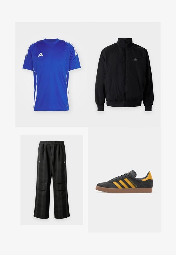 Černá zipová bunda s vysokým límcem, vyrobená z lehkého materiálu. Má elastické manžety a pas, s malým logem na horní levé straně.; Modré sportovní tričko vyrobené z lehkého materiálu, se světlými akcenty na ramenou a bocích, s malým logem na hrudi.; Černé kostkované kalhoty s elastickým pasem, dvěma předními kapsami a volným střihem se rovnými nohavicemi. Vyrobeny z lehkého materiálu.; Černé semišové tenisky se žlutými akcenty, vybavené třemi pruhy a hnědou gumovou podrážkou. Obsahují polstrovaný jazyk pro pohodlí.