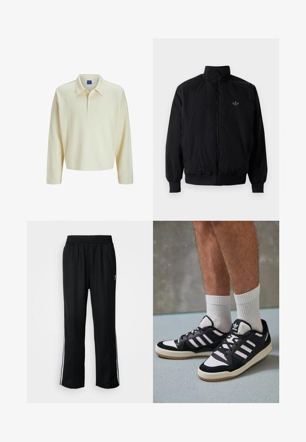 Zwarte geluiting jack met hoge kraag, gemaakt van lichtgewicht materiaal. Voorzien van elastische manchetten en tailleband, met een klein logo op de linkerbovenkant.; Lange mouw polo in romig beige geribbeld stof, met een kraag en drie knopen sluiting. Eenvoudige, relaxte pasvorm met rechte zoom.; Zwarte sportbroeken met een elastische tailleband, voorzien van witte zijkanten en een klein logo. Het materiaal lijkt zacht en lichtgewicht te zijn.; Zwart-witte sneakers met een bovenwerk van suede en leer, voorzien van drie witte strepen, een geperforeerde neus en een rubberen gumzool.