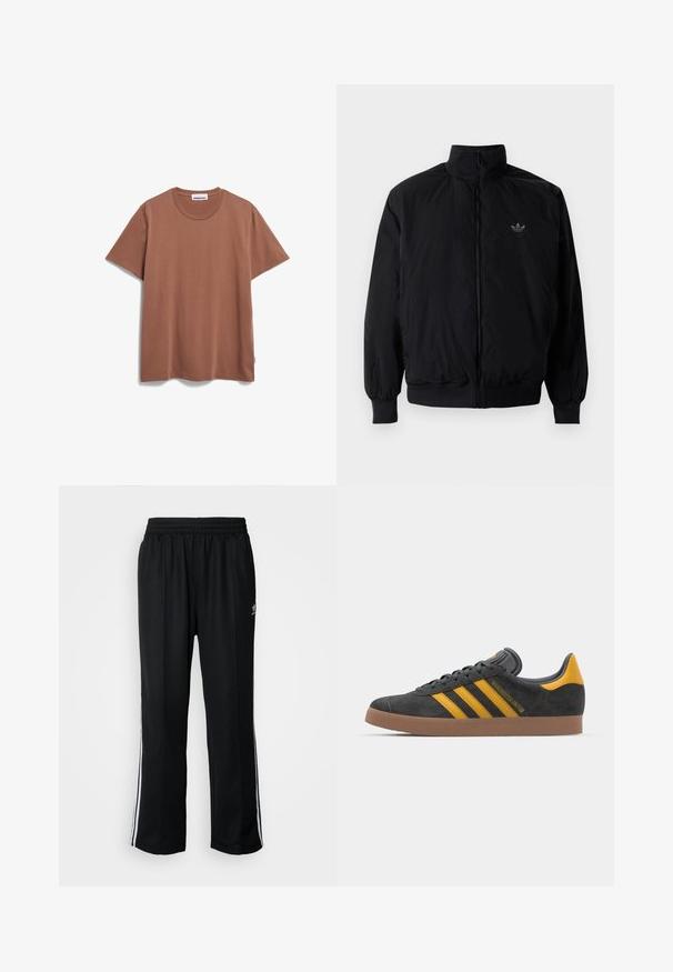 Black zipped jacket with high collar, made of lightweight material. Features elastic cuffs and waistband, with a small logo on the upper left.; ARMEDANGELS JAAMES - Basic T-shirt - nutshell; Black athletic pants with an elastic waistband, featuring white side stripes and a small logo. Material appears soft and lightweight.; Black suede sneaker with yellow accents, featuring three stripes and a brown rubber sole. Includes a padded tongue for comfort.