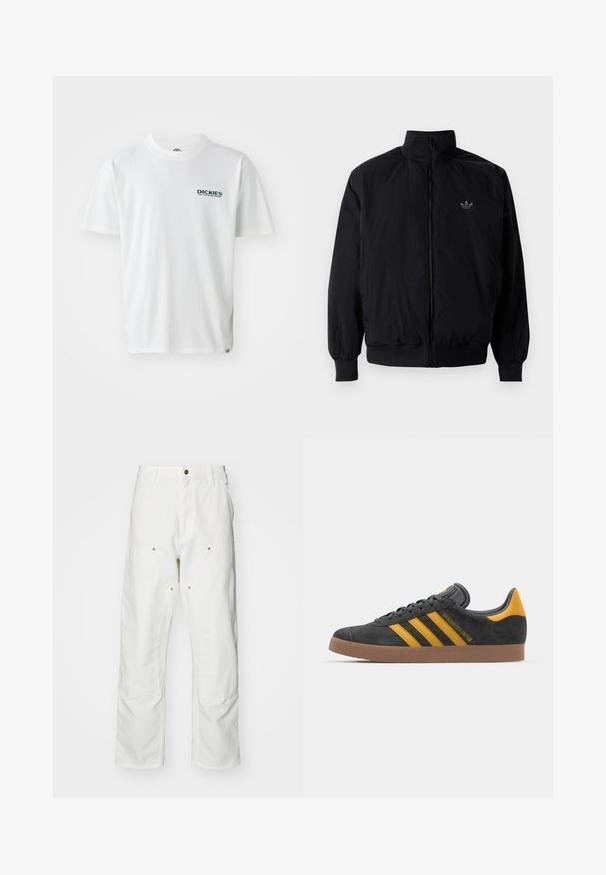 Musta vetoketjullinen takki, jossa on korkea kaulus, valmistettu kevyestä materiaalista. Varustettu joustavilla hihoilla ja vyötäröllä, ja ylävasemmalla on pieni logo.; Valkoinen puuvillapaita lyhyillä hihoilla, jossa on vihreä "DICKIES ON THE ROAD AGAIN" -logo vasemmassa rinnassa. Mukautettu pyöreä pääntie.; Valkoiset puuvillaiset cargo-housut, joissa on rento istuvuus. Ominaisuuksiin kuuluvat etutaskut, kultaiset yksityiskohdat ja vahvistetut polviosat.; Mustat samettiset tennarit, joissa on keltaisia yksityiskohtia, kolmonen raita ja ruskea kumipohja. Sisältää pehmustetun kielisen mukavuutta varten.