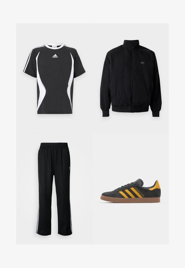 Svart zipjacka med hög krage, tillverkad av lätt material. Har elastiska cuffar och midja, med en liten logo på övre vänster.; Svart t-shirt med kort ärm, vita designaccenter och Adidas-logga på bröstet. Tillverkad av mjukt bomullsmaterial med rund halsringning.; Svarta träningsbyxor med elastisk midja, med vita sidostreck och en liten logotyp. Materialet verkar mjukt och lätt.; Svart mockaskor med gula accenter, med tre ränder och en brun gummisula. Inkluderar en vadderad tunga för extra komfort.