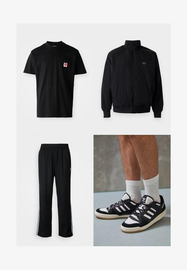 Black zipped jacket with high collar, made of lightweight material. Features elastic cuffs and waistband, with a small logo on the upper left.; Black cotton t-shirt with a round neckline, short sleeves, and a left chest pocket featuring a red heart patch with white text.; Black athletic pants with an elastic waistband, featuring white side stripes and a small logo. Material appears soft and lightweight.; Black and white sneakers with a suede and leather upper, featuring three white stripes, a perforated toe, and a gum rubber sole.