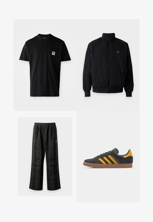 Čierna zips kombinéza s vysokým golierom, vyrobená z ľahkého materiálu. Obsahuje elastické manžety a pás, s malým logom na hornej ľavej strane.; Čierne bavlnené tričko s okrúhlym výstrihom, krátkymi rukávmi a ľavým vreckom na hrudi, na ktorom sa nachádza červená srdcová nášivka s bielym textom.; Čierne kockované nohavice s elastickým pásom, dvoma prednými vreckami a voľným strihom so rovnými nohavicami. Vyrobené z ľahkého materiálu.; Čierne semišové tenisky so žltými akcentmi, ktoré majú tri pruhy a hnedú gumovú podrážku. Obsahujú vypolstrovaný jazyk pre pohodlie.