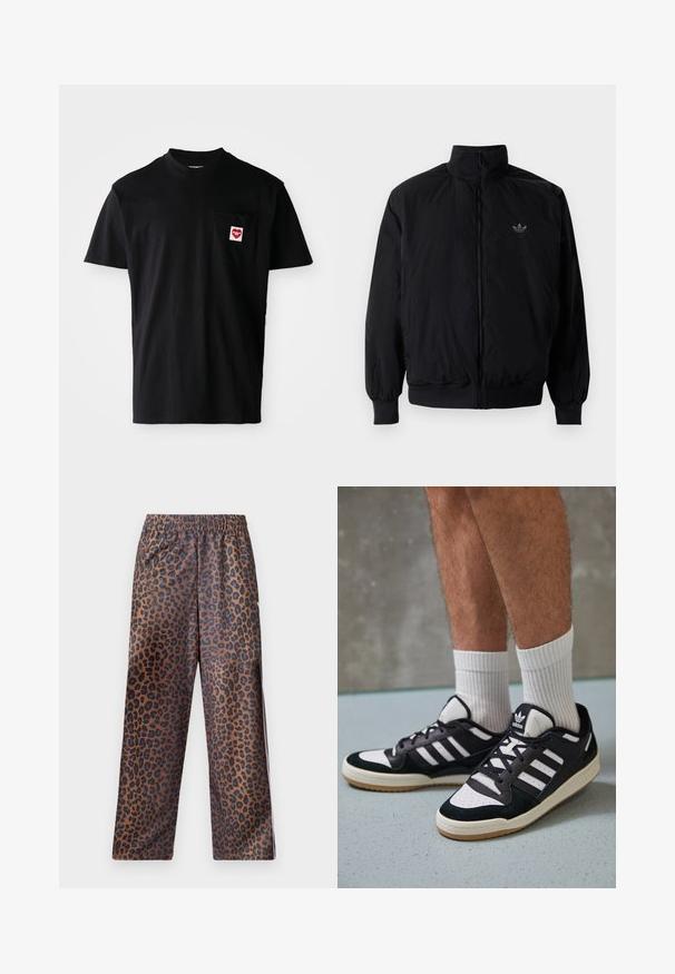 Black zipped jacket with high collar, made of lightweight material. Features elastic cuffs and waistband, with a small logo on the upper left.; Black cotton t-shirt with a round neckline, short sleeves, and a left chest pocket featuring a red heart patch with white text.; Leopard print pants with an elastic waistband. Made from a shiny fabric, featuring a brown base with black spots and a loose fit design.; Black and white sneakers with a suede and leather upper, featuring three white stripes, a perforated toe, and a gum rubber sole.