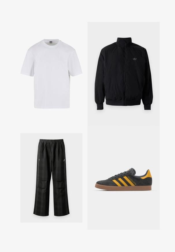 Black zipped jacket with high collar, made of lightweight material. Features elastic cuffs and waistband, with a small logo on the upper left.; White short-sleeve t-shirt made of cotton. Features a crew neckline and a relaxed fit. Smooth texture, minimalistic design, no patterns or accents.; Black plaid pants featuring an elastic waistband, two front pockets, and a loose fit with a straight leg design. Made from lightweight material.; Black suede sneaker with yellow accents, featuring three stripes and a brown rubber sole. Includes a padded tongue for comfort.