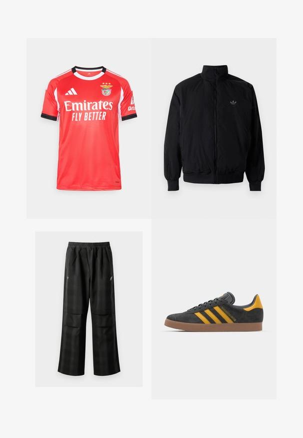 Giacca nera con zip e colletto alto, realizzata in materiale leggero. Presenta polsini e vita elastici, con un piccolo logo in alto a sinistra.; Maglia da calcio rossa realizzata in tessuto traspirante, presenta dettagli neri e bianchi, colletto rotondo e logo con tre stelle dorate sul davanti.; Pantaloni a quadri neri con vita elasticizzata, due tasche frontali e una vestibilità ampia con design a gamba dritta. Realizzati in materiale leggero.; Sneaker in suede nero con dettagli gialli, dotato di tre strisce e una suola in gomma marrone. Include una linguetta imbottita per il comfort.
