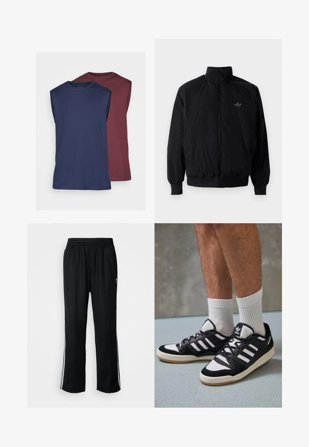 Svart zipjacka med hög krage, tillverkad av lätt material. Har elastiska cuffar och midja, med en liten logo på övre vänster.; Ärmlösa t-shirts i marinblått och bordeaux, tillverkade av mjukt tyg. Har rundad halsringning och rak fåll med en slät struktur.; Svarta träningsbyxor med elastisk midja, med vita sidostreck och en liten logotyp. Materialet verkar mjukt och lätt.; Svartvita sneakers med ovandel i mocka och läder, med tre vita ränder, perforerad tå och sula av gummigummi.