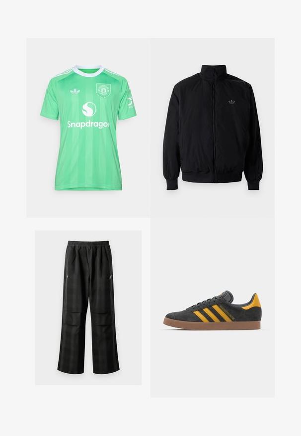 Crna jakna na zip s visokim ovratnikom, izrađena od laganog materijala. Ima elastične manžete i pojas, s malim logotipom na gornjem lijevom dijelu.; adidas Performance MANCHESTER UNITED 25/26 THIRD GOALKEEPER JERSEY - Klupska odjeća - semi screaming green; Crne karirane hlače s elastičnom urezom, dva prednja džepa i ležernim krojem s ravnim nogavicama. Izrađene su od laganog materijala.; Crne nubuk tenisice s žutim detaljima, sa tri pruge i smešnim gumenim potplatom. Imaju jastučić na jeziku za udobnost.