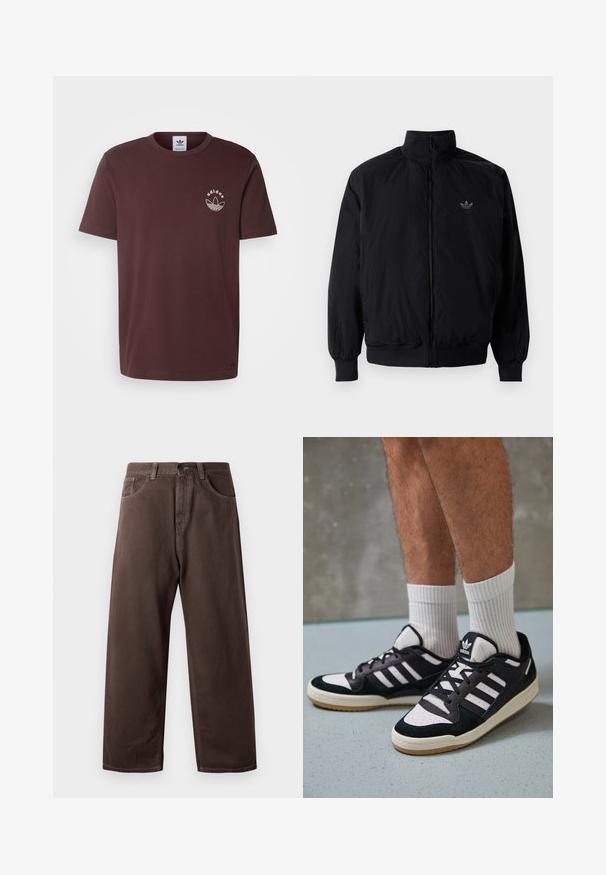 Black zipped jacket with high collar, made of lightweight material. Features elastic cuffs and waistband, with a small logo on the upper left.; adidas Originals TEE - Print T-shirt - shadow brown; Brown wide-leg pants made of cotton, featuring a classic five-pocket design, a zip fly, and visible stitching details.; Black and white sneakers with a suede and leather upper, featuring three white stripes, a perforated toe, and a gum rubber sole.