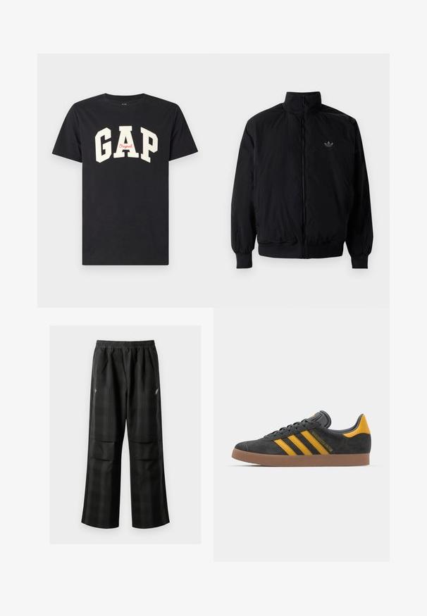 Zwarte geluiting jack met hoge kraag, gemaakt van lichtgewicht materiaal. Voorzien van elastische manchetten en tailleband, met een klein logo op de linkerbovenkant.; Zwart katoenen T-shirt met grote witte letters "GAP" en daaronder in rood "Original". Klassieke ronde hals en korte mouwen.; Zwarte geruite broek met een elastische tailleband, twee voorzakken en een losse pasvorm met een rechte pijpdesign. Gemaakt van lichtgewicht materiaal.; Zwarte suède sneakers met gele accenten, voorzien van drie strepen en een bruine rubberen zool. Inclusief een gevoerde tong voor comfort.