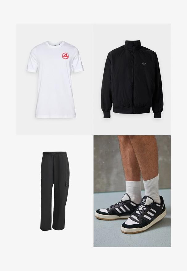 Czarna kurtka zapinana na zamek z wysokim kołnierzem, wykonana z lekkiego materiału. Posiada elastyczne mankiety i pas, oraz małe logo na górnej lewej stronie.; Biała bawełniana koszulka T-shirt z okrągłym dekoltem i krótkimi rękawami. Czerwone okrągłe logo z napisem "ADIDAS FOOTBALL" na klatce piersiowej.; Czarne spodnie cargo z elastycznym pasem, posiadające boczne kieszenie, luźny krój i teksturowany materiał. Zaprojektowane z myślą o komforcie i funkcjonalności.; Czarno-białe sneakersy z zamszową i skórzaną cholewką, z trzema białymi paskami, perforowanym czubkiem i gumową podeszwą w kolorze gumy.