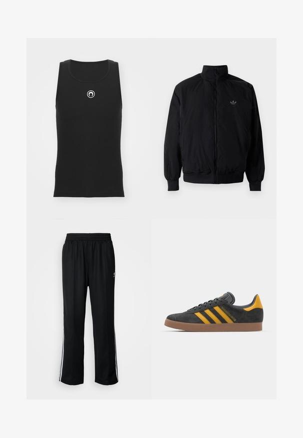 Crna jakna na zip s visokim ovratnikom, izrađena od laganog materijala. Ima elastične manžete i pojas, s malim logotipom na gornjem lijevom dijelu.; Crna rebrasta majica bez rukava s okruglim izrezom i kružnim logotipom u bijeloj boji na prsima; ima prilagođen dizajn.; Crne sportske hlače s elastičnom trakom oko struka, s bijelim bočnim prugama i malim logotipom. Materijal izgleda mekan i lagan.; Crne nubuk tenisice s žutim detaljima, sa tri pruge i smešnim gumenim potplatom. Imaju jastučić na jeziku za udobnost.