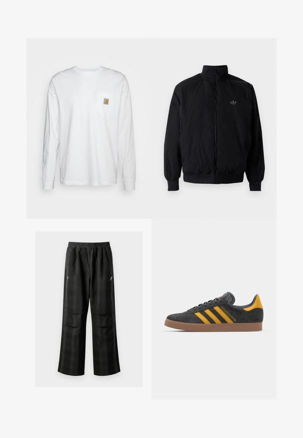 Musta vetoketjullinen takki, jossa on korkea kaulus, valmistettu kevyestä materiaalista. Varustettu joustavilla hihoilla ja vyötäröllä, ja ylävasemmalla on pieni logo.; Pitkähihainen valkoinen paita, joka on valmistettu puuvillasta ja jossa on rintatasku neliömäisellä logolapulla. Yksinkertainen muotoilu pyöreällä kaula-aukolla ja cuff-atun hihalla.; Mustat ruudulliset housut, joissa on joustava vyötärö, kaksi etutaskua ja rento istuvuus suoralla lahkeella. Valmistettu kevyestä materiaalista.; Mustat samettiset tennarit, joissa on keltaisia yksityiskohtia, kolmonen raita ja ruskea kumipohja. Sisältää pehmustetun kielisen mukavuutta varten.