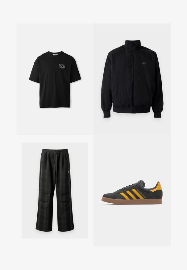 Černá zipová bunda s vysokým límcem, vyrobená z lehkého materiálu. Má elastické manžety a pas, s malým logem na horní levé straně.; Černé krátké bavlněné tričko s kulatým výstřihem a bílým logem "XTC VERTERE" na levé části hrudi. Hladká textura.; Černé kostkované kalhoty s elastickým pasem, dvěma předními kapsami a volným střihem se rovnými nohavicemi. Vyrobeny z lehkého materiálu.; Černé semišové tenisky se žlutými akcenty, vybavené třemi pruhy a hnědou gumovou podrážkou. Obsahují polstrovaný jazyk pro pohodlí.