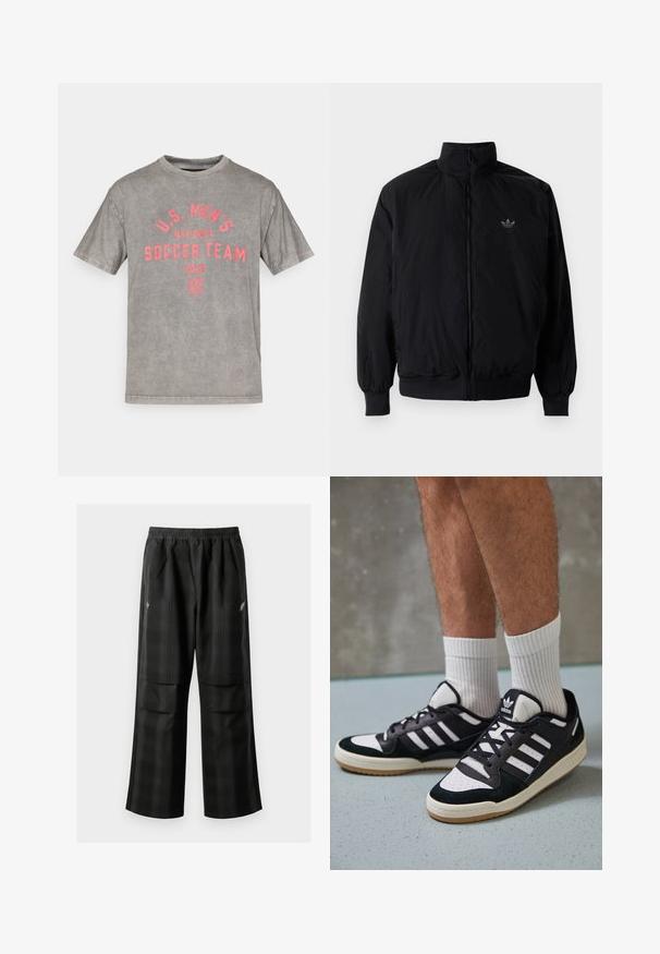 Black zipped jacket with high collar, made of lightweight material. Features elastic cuffs and waistband, with a small logo on the upper left.; Gray cotton T-shirt featuring "U.S. MEN'S NATIONAL SOCCER TEAM 2026" graphic in bright pink, crew neck, short sleeves, distressed texture.; Black plaid pants featuring an elastic waistband, two front pockets, and a loose fit with a straight leg design. Made from lightweight material.; Black and white sneakers with a suede and leather upper, featuring three white stripes, a perforated toe, and a gum rubber sole.