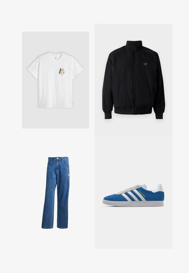 Musta vetoketjullinen takki, jossa on korkea kaulus, valmistettu kevyestä materiaalista. Varustettu joustavilla hihoilla ja vyötäröllä, ja ylävasemmalla on pieni logo.; Levi's® RELAXED FIT TEE - Printtipaita - bright white; Siniset korkeavyötäröiset leveälahkeiset farkut, joissa on etupussit, vyölenkit, napitus ja pieni Adidas-logo oikeassa reidessä.; adidas Originals ADIDAS GAZELLE SHOES - Sisäjalkapallokengät - real madrid/bluebird/footwear white/crew yellow