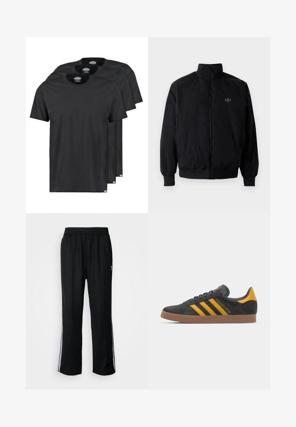 Zwarte geluiting jack met hoge kraag, gemaakt van lichtgewicht materiaal. Voorzien van elastische manchetten en tailleband, met een klein logo op de linkerbovenkant.; Zwarte katoenen t-shirts in een verpakking van drie. Ronde hals, korte mouwen en een gladde textuur. Logo-label aan de zoom.; Zwarte sportbroeken met een elastische tailleband, voorzien van witte zijkanten en een klein logo. Het materiaal lijkt zacht en lichtgewicht te zijn.; Zwarte suède sneakers met gele accenten, voorzien van drie strepen en een bruine rubberen zool. Inclusief een gevoerde tong voor comfort.