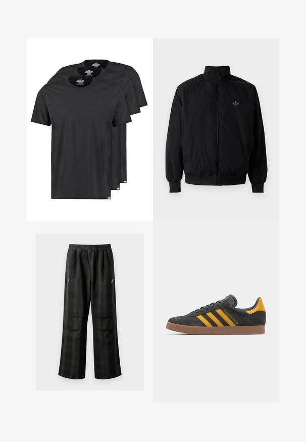 Black zipped jacket with high collar, made of lightweight material. Features elastic cuffs and waistband, with a small logo on the upper left.; Black cotton t-shirts in a pack of three. Crew neck, short sleeves, and a smooth texture. Logo tag at the hem.; Black plaid pants featuring an elastic waistband, two front pockets, and a loose fit with a straight leg design. Made from lightweight material.; Black suede sneaker with yellow accents, featuring three stripes and a brown rubber sole. Includes a padded tongue for comfort.