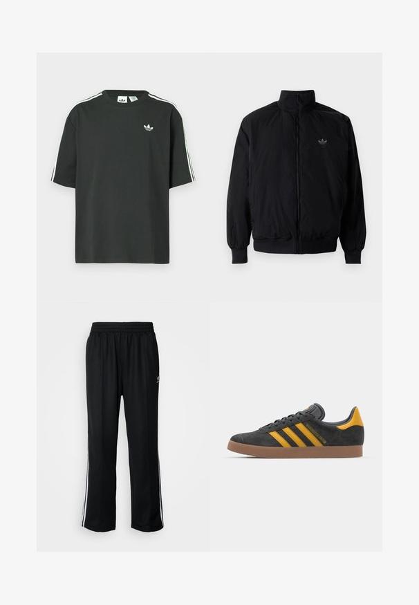 Giacca nera con zip e colletto alto, realizzata in materiale leggero. Presenta polsini e vita elastici, con un piccolo logo in alto a sinistra.; Maglietta nera in cotone con maniche corte, scollo rotondo e dettagli bianchi a tre strisce sulle spalle. Presenta un piccolo logo bianco sul petto.; Pantaloni da allenamento neri con elastico in vita, dotati di bande laterali bianche e un piccolo logo. Il materiale sembra morbido e leggero.; Sneaker in suede nero con dettagli gialli, dotato di tre strisce e una suola in gomma marrone. Include una linguetta imbottita per il comfort.