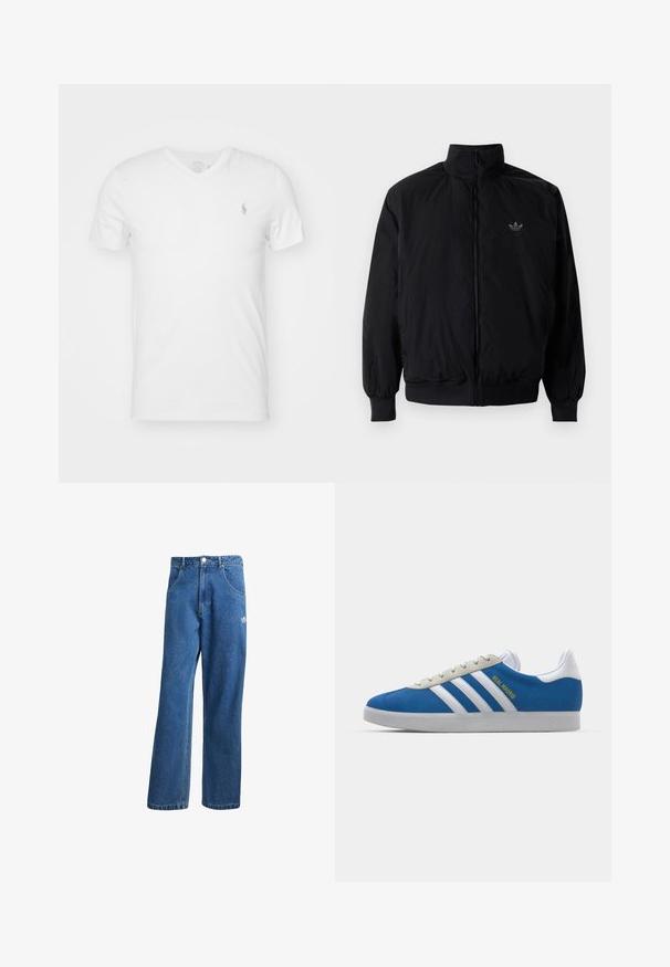 Černá zipová bunda s vysokým límcem, vyrobená z lehkého materiálu. Má elastické manžety a pas, s malým logem na horní levé straně.; Bílý tričko s výstřihem do V vyrobené z bavlny, s malým vyšitým logem na levé hrudi. Krátké rukávy a volný střih.; Modré vysoké široké džíny s vysokým pasem, předními kapsami, poutky na opasek, knoflíkovým zapínáním a malým logem Adidas na pravém stehně.; adidas Originals ADIDAS GAZELLE SHOES - Sálové kopačky - real madrid/bluebird/footwear white/crew yellow