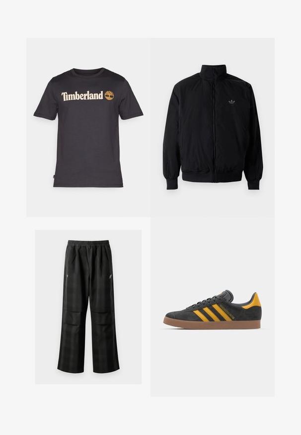 Czarna kurtka zapinana na zamek z wysokim kołnierzem, wykonana z lekkiego materiału. Posiada elastyczne mankiety i pas, oraz małe logo na górnej lewej stronie.; Czarna bawełniana koszulka z krótkim rękawem z kremowym logo "Timberland" oraz emblematem drzewa z przodu. Design z okrągłym dekoltem.; Czarne spodnie w kratę z elastycznym pasem, dwoma przednimi kieszeniami i luźnym krojem ze prostymi nogawkami. Wykonane z lekkiego materiału.; Czarne zamszowe sneakersy z żółtymi akcentami, z trzema paskami i brązową gumową podeszwą. Posiadają wyściełany język dla większego komfortu.