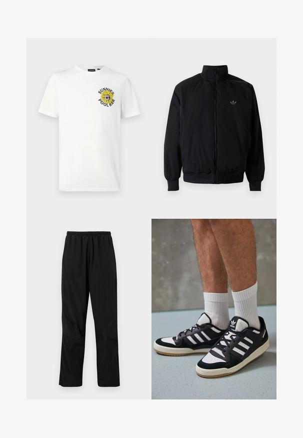Čierna zips kombinéza s vysokým golierom, vyrobená z ľahkého materiálu. Obsahuje elastické manžety a pás, s malým logom na hornej ľavej strane.; Biele bavlnené tričko s grafickým dizajnom slnečnice s okuliarmi a textom "SUNNIES POOLBAR" v čiernej a žltej farbe.; Čierne nylonové nohavice s elastickým pásom, s ľahkým textúrovaným povrchom a akcentmi na švoch pre moderný dizajn.; Čierno-biele tenisky s vrchom z semišu a kože, s troma bielymi pruhmi, perforovanou špičkou a gumovou podrážkou.