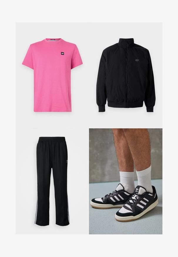 Black zipped jacket with high collar, made of lightweight material. Features elastic cuffs and waistband, with a small logo on the upper left.; Short-sleeved, round-neck pink T-shirt made of cotton. Features a small black label on the left chest. Smooth texture, casual fit.; Black athletic pants with an elastic waistband, featuring white side stripes and a small logo. Material appears soft and lightweight.; Black and white sneakers with a suede and leather upper, featuring three white stripes, a perforated toe, and a gum rubber sole.