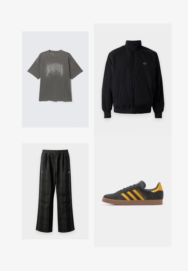 Zwarte geluiting jack met hoge kraag, gemaakt van lichtgewicht materiaal. Voorzien van elastische manchetten en tailleband, met een klein logo op de linkerbovenkant.; Grijze oversized T-shirt van katoen, met een grote, verweerde grafische print in zwart. Subtiele stikdetails op de schouders.; Zwarte geruite broek met een elastische tailleband, twee voorzakken en een losse pasvorm met een rechte pijpdesign. Gemaakt van lichtgewicht materiaal.; Zwarte suède sneakers met gele accenten, voorzien van drie strepen en een bruine rubberen zool. Inclusief een gevoerde tong voor comfort.