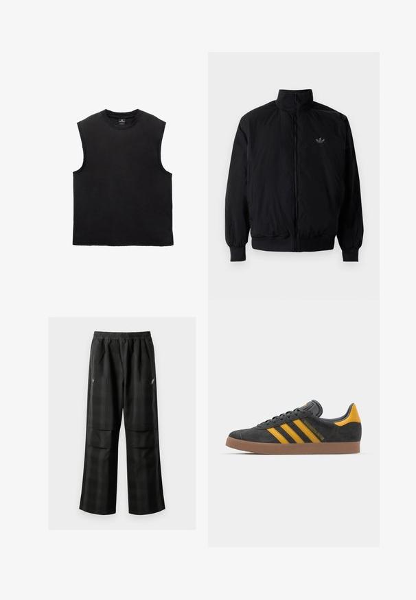 Crna jakna na zip s visokim ovratnikom, izrađena od laganog materijala. Ima elastične manžete i pojas, s malim logotipom na gornjem lijevom dijelu.; Crna pamučna majica bez rukava s okruglim izrezom, opuštenog kroja i šavovima na rubovima. Glatka tekstura, jednostavan dizajn.; Crne karirane hlače s elastičnom urezom, dva prednja džepa i ležernim krojem s ravnim nogavicama. Izrađene su od laganog materijala.; Crne nubuk tenisice s žutim detaljima, sa tri pruge i smešnim gumenim potplatom. Imaju jastučić na jeziku za udobnost.