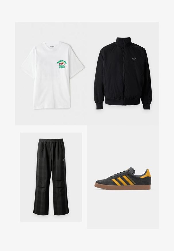 Czarna kurtka zapinana na zamek z wysokim kołnierzem, wykonana z lekkiego materiału. Posiada elastyczne mankiety i pas, oraz małe logo na górnej lewej stronie.; Biała bawełniana koszulka z krótkim rękawem, z zielonym i czerwonym napisem graficznym na lewej piersi, który brzmi "cashart Who Pronto Subito."; Czarne spodnie w kratę z elastycznym pasem, dwoma przednimi kieszeniami i luźnym krojem ze prostymi nogawkami. Wykonane z lekkiego materiału.; Czarne zamszowe sneakersy z żółtymi akcentami, z trzema paskami i brązową gumową podeszwą. Posiadają wyściełany język dla większego komfortu.