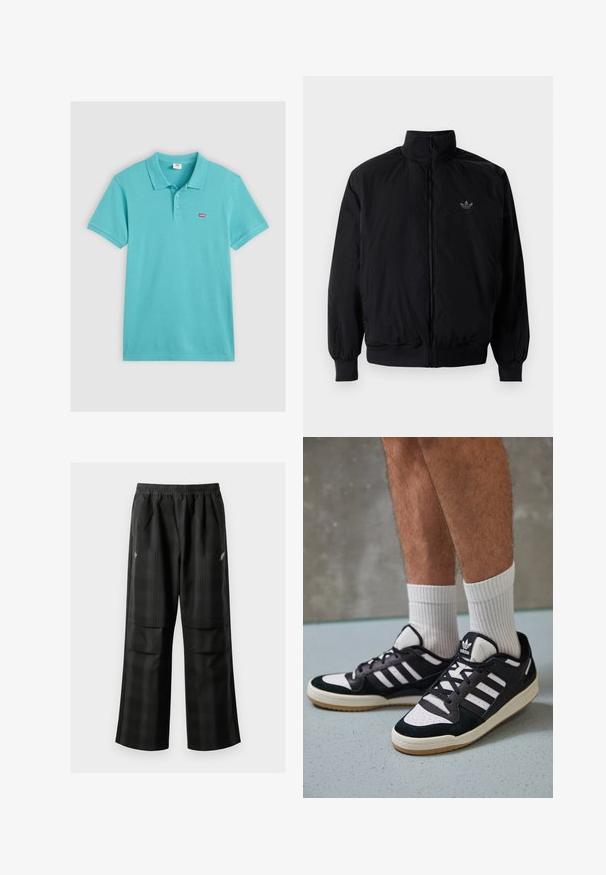 Czarna kurtka zapinana na zamek z wysokim kołnierzem, wykonana z lekkiego materiału. Posiada elastyczne mankiety i pas, oraz małe logo na górnej lewej stronie.; Turkusowa koszulka polo z bawełny, z kołnierzykiem, trzema guzikami i małym czerwonym logo Levi's na piersi.; Czarne spodnie w kratę z elastycznym pasem, dwoma przednimi kieszeniami i luźnym krojem ze prostymi nogawkami. Wykonane z lekkiego materiału.; Czarno-białe sneakersy z zamszową i skórzaną cholewką, z trzema białymi paskami, perforowanym czubkiem i gumową podeszwą w kolorze gumy.