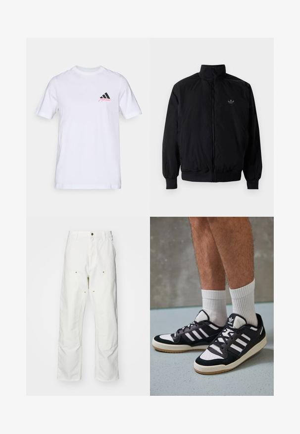 Zwarte geluiting jack met hoge kraag, gemaakt van lichtgewicht materiaal. Voorzien van elastische manchetten en tailleband, met een klein logo op de linkerbovenkant.; Witte katoenen t-shirt met een zwart drie-strepenlogo en 'Merkel' in het roze op de linkerborst. Klassieke ronde halslijn en korte mouwen.; Witte katoenen cargobroeken met een relaxte pasvorm. Kenmerken zijn onder andere voorzakken, gouden hardware accenten en versterkte kniezones.; Zwart-witte sneakers met een bovenwerk van suede en leer, voorzien van drie witte strepen, een geperforeerde neus en een rubberen gumzool.