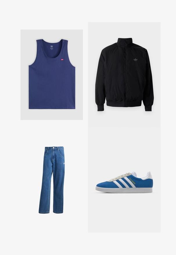 Black zipped jacket with high collar, made of lightweight material. Features elastic cuffs and waistband, with a small logo on the upper left.; Navy blue sleeveless tank top made of soft fabric, featuring a rounded neckline and small red Levi's logo on the left chest.; Blue high-waist wide-leg denim jeans with front pockets, belt loops, button closure, and small Adidas logo on the right thigh.; adidas Originals ADIDAS GAZELLE SHOES - Indoor football boots - real madrid/bluebird/footwear white/crew yellow