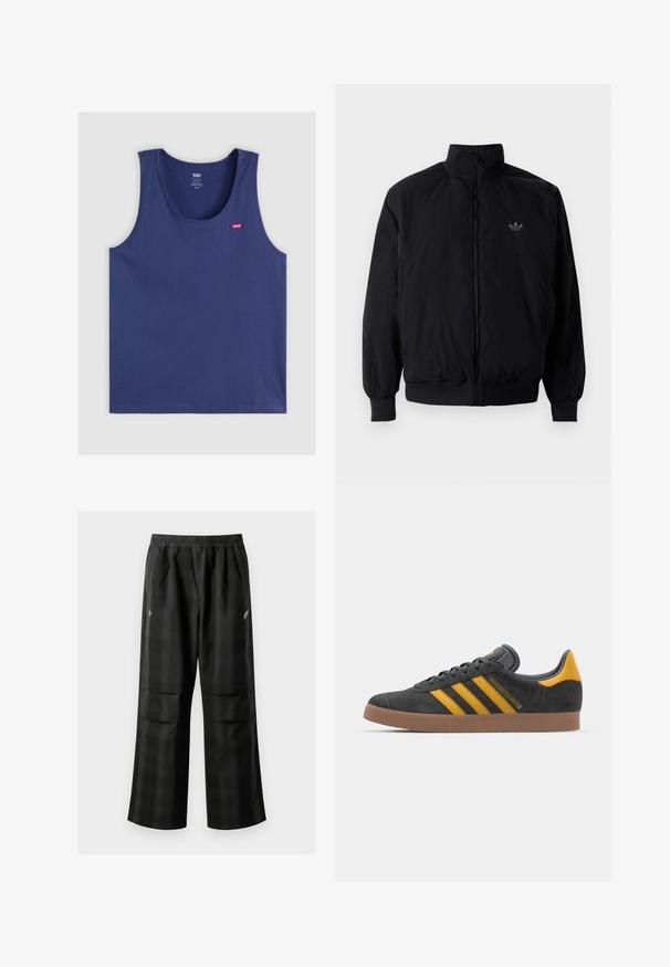 Crna jakna na zip s visokim ovratnikom, izrađena od laganog materijala. Ima elastične manžete i pojas, s malim logotipom na gornjem lijevom dijelu.; Tamno plava bezrukavna majica izrađena od mekog materijala, s okruglim izrezom i malim crvenim Levi's logotipom na lijevoj strani prsnog koša.; Crne karirane hlače s elastičnom urezom, dva prednja džepa i ležernim krojem s ravnim nogavicama. Izrađene su od laganog materijala.; Crne nubuk tenisice s žutim detaljima, sa tri pruge i smešnim gumenim potplatom. Imaju jastučić na jeziku za udobnost.