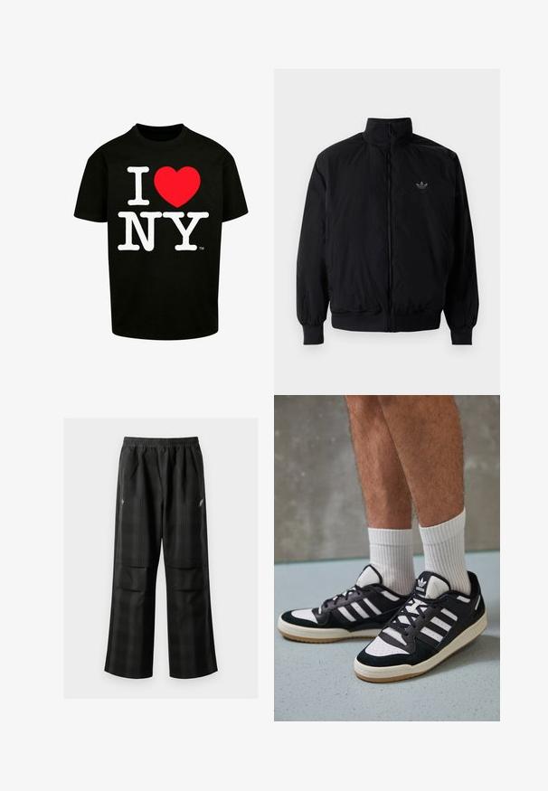 Sort lynlåsjakke med høj krave, fremstillet af letvægtsmateriale. Har elastiske manchetter og talje, med et lille logo på øverste venstre side.; Sort bomulds-T-shirt med stor hvid "I", rødt hjerte og hvidt "NY" grafik. Klassisk rund hals, korte ærmer. Simpelt og iøjnefaldende.; Sorte ternede bukser med elastisk talje, to forlommer og en løs pasform med lige ben. Fremstillet af letvægtsmateriale.; Sorte og hvide sneakers med en overdel i ruskind og læder, der har tre hvide striber, en perforeret tå og en sål i gummigummi.