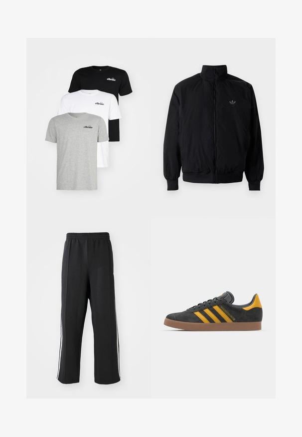 Giacca nera con zip e colletto alto, realizzata in materiale leggero. Presenta polsini e vita elastici, con un piccolo logo in alto a sinistra.; Ellesse AZZINI 3 PACK - T-shirt basic - multi; Pantaloni da jogging neri con elastico in vita, dotati di strisce bianche sui lati e vestibilità comoda. Realizzati in tessuto morbido e elastico.; Sneaker in suede nero con dettagli gialli, dotato di tre strisce e una suola in gomma marrone. Include una linguetta imbottita per il comfort.