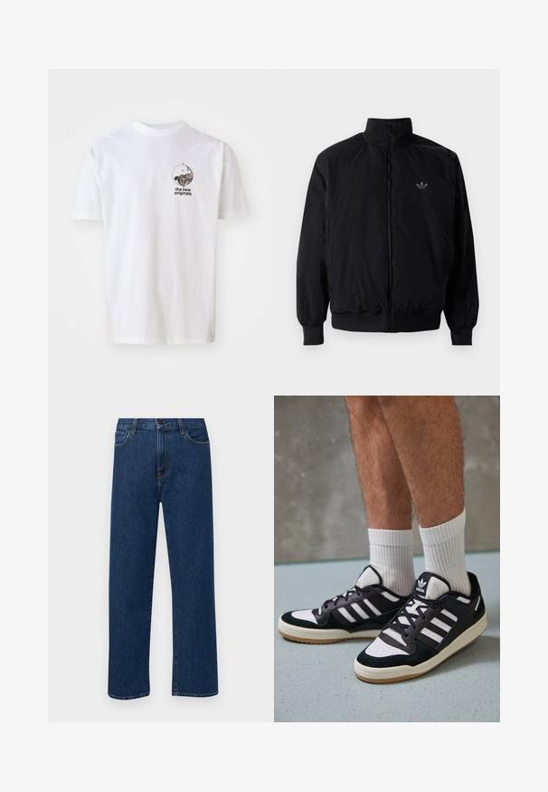 Crna jakna na zip s visokim ovratnikom, izrađena od laganog materijala. Ima elastične manžete i pojas, s malim logotipom na gornjem lijevom dijelu.; Bijela pamučna majica s okruglim izrezom. Na prednjoj strani sadrži mali crni grafički prikaz valova i natpis "novi originali".; Tamno plave traperice ravnog kroja s prednjim džepovima i kopčanjem na dugme, prikazane na jednostavnoj bijeloj pozadini.; Crne i bijele tenisice s gornjim dijelom od antilopa i kože, s tri bijele pruge, perforiranim prstom i gumiranim potplatom.