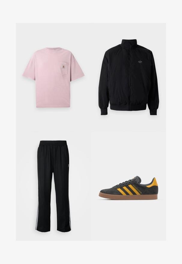 Crna jakna na zip s visokim ovratnikom, izrađena od laganog materijala. Ima elastične manžete i pojas, s malim logotipom na gornjem lijevom dijelu.; Svijetlopinkasti pamučni majica s okruglim izrezom, kratkim rukavima i prednjim lijevim džepom s logom. Glatka tekstura.; Crne sportske hlače s elastičnom trakom oko struka, s bijelim bočnim prugama i malim logotipom. Materijal izgleda mekan i lagan.; Crne nubuk tenisice s žutim detaljima, sa tri pruge i smešnim gumenim potplatom. Imaju jastučić na jeziku za udobnost.