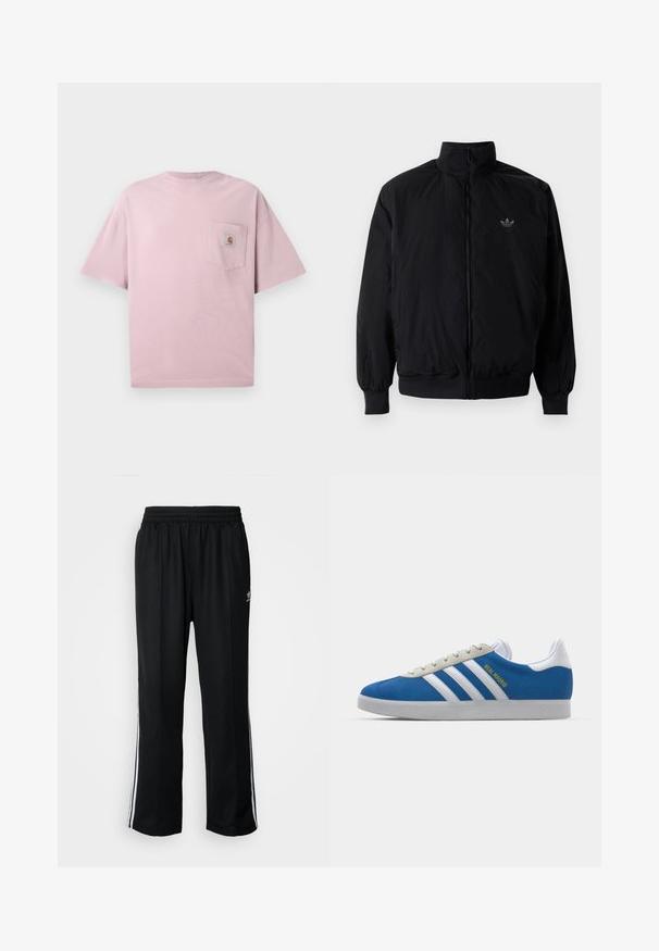 Čierna zips kombinéza s vysokým golierom, vyrobená z ľahkého materiálu. Obsahuje elastické manžety a pás, s malým logom na hornej ľavej strane.; Svetloružová bavlnená tričko s okrúhlym výstrihom, krátkymi rukávmi a prednou ľavou vreckom s logom. Hladký povrch.; Čierne športové nohavice s elastickým pásom, s bielymi bočnými prúžkami a malým logom. Materiál vyzerá byť mäkký a ľahký.; adidas Originals ADIDAS GAZELLE SHOES - Halové kopačky - real madrid/bluebird/footwear white/crew yellow
