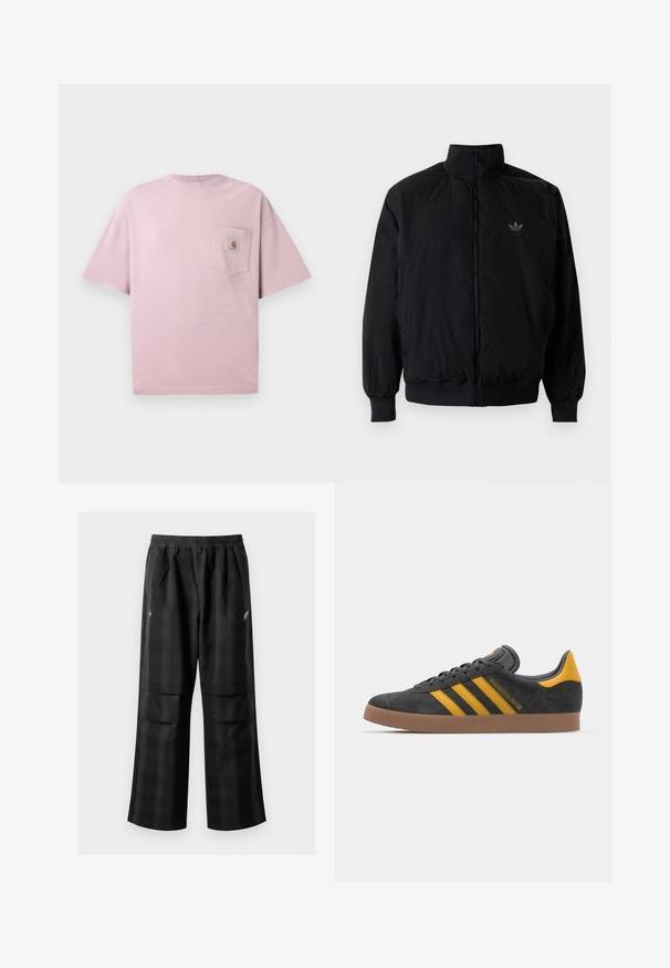 Black zipped jacket with high collar, made of lightweight material. Features elastic cuffs and waistband, with a small logo on the upper left.; Light pink cotton t-shirt with a crew neckline, short sleeves, and a front left pocket featuring a logo patch. Smooth texture.; Black plaid pants featuring an elastic waistband, two front pockets, and a loose fit with a straight leg design. Made from lightweight material.; Black suede sneaker with yellow accents, featuring three stripes and a brown rubber sole. Includes a padded tongue for comfort.