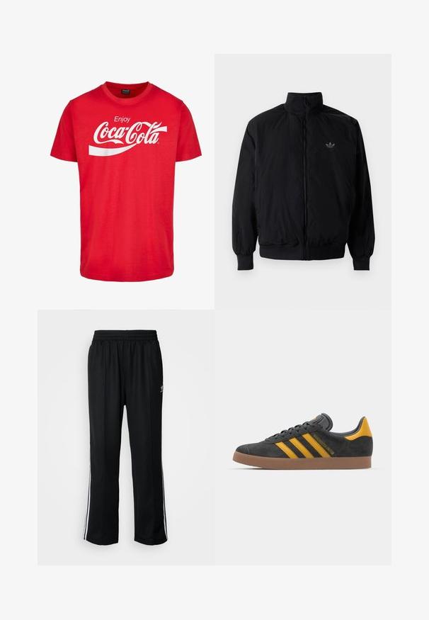 Sort lynlåsjakke med høj krave, fremstillet af letvægtsmateriale. Har elastiske manchetter og talje, med et lille logo på øverste venstre side.; Rød bomuld t-shirt med korte ærmer, der har et hvidt "Coca-Cola" logo og bølget design på brystet. Klassisk crew neck stil.; Sorte træningsbukser med elastisk talje, der har hvide sidestænger og et lille logo. Materialet ser blødt og let ud.; Sort suedet sneaker med gule accenter, der har tre striber og en brun gummisål. Inkluderer en polstret tunge for komfort.