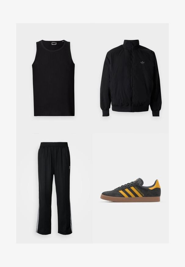 Black zipped jacket with high collar, made of lightweight material. Features elastic cuffs and waistband, with a small logo on the upper left.; Black ribbed tank top with a round neckline, sleeveless design, and a soft, textured fabric. Features a straight hem and minimal branding.; Black athletic pants with an elastic waistband, featuring white side stripes and a small logo. Material appears soft and lightweight.; Black suede sneaker with yellow accents, featuring three stripes and a brown rubber sole. Includes a padded tongue for comfort.