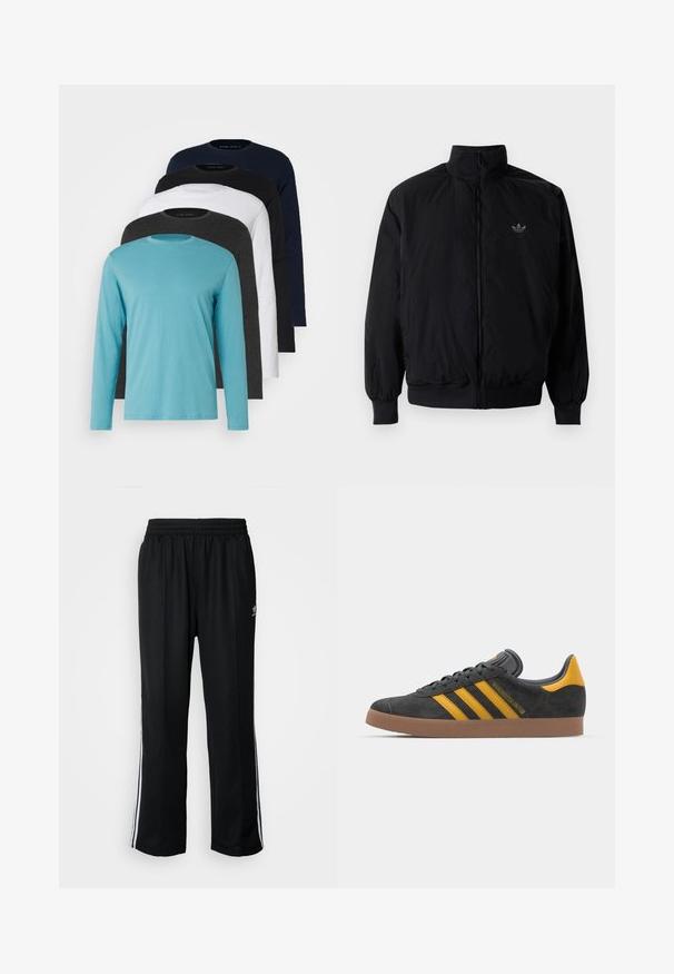Černá zipová bunda s vysokým límcem, vyrobená z lehkého materiálu. Má elastické manžety a pas, s malým logem na horní levé straně.; Pět triček s dlouhým rukávem v řadě: tyrkysová, černá, bílá, tmavě šedá a námořnická modř. Měkká látka s designem kulatého výstřihu a standardním střihem.; Černé sportovní kalhoty s elastickým pasem, s bílými bočními pruhy a malým logem. Materiál vypadá měkce a lehce.; Černé semišové tenisky se žlutými akcenty, vybavené třemi pruhy a hnědou gumovou podrážkou. Obsahují polstrovaný jazyk pro pohodlí.