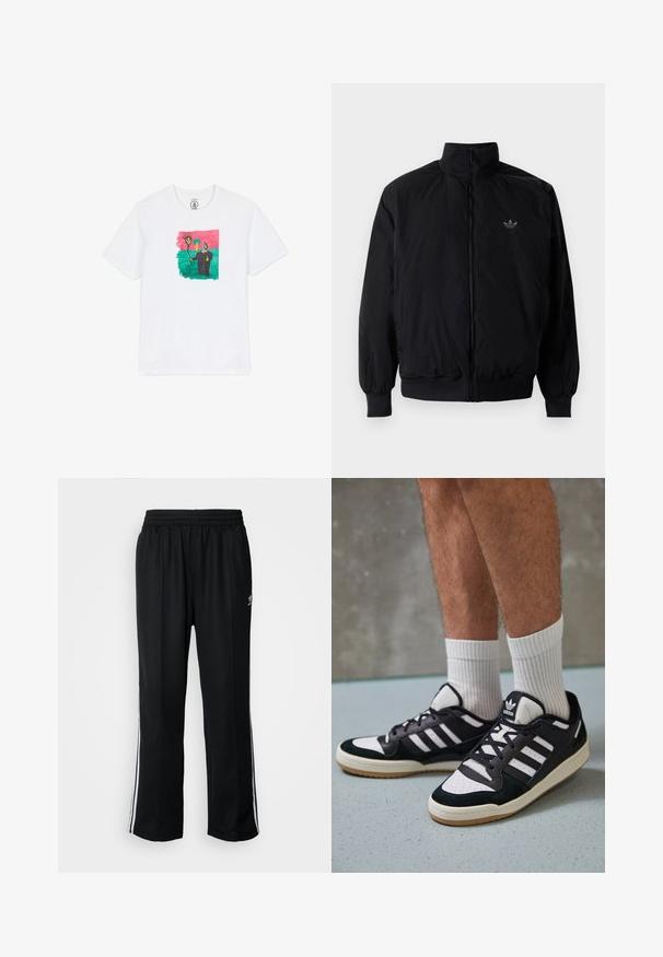 Schwarze Jacke mit Reißverschluss und hohem Kragen, aus leichtem Material gefertigt. Verfügt über elastische Bündchen und einen elastischen Saum, mit einem kleinen Logo oben links.; Weißes Baumwoll-T-Shirt mit einer bunten, abstrakten Zeichnung, die eine Sonne und eine Figur auf einem grünen Hintergrund zeigt, eingerahmt von Pink. Mit kurzen Ärmeln.; Schwarze Sporthosen mit elastischem Bund, ausgestattet mit weißen Seitenstreifen und einem kleinen Logo. Das Material wirkt weich und leicht.; Schwarz-weiße Sneaker mit einem Obermaterial aus Wildleder und Leder, ausgestattet mit drei weißen Streifen, einer perforierten Zehenpartie und einer Sohle aus Gummi.