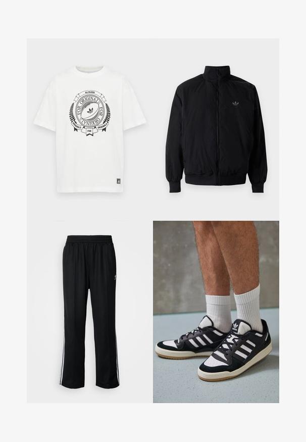 Black zipped jacket with high collar, made of lightweight material. Features elastic cuffs and waistband, with a small logo on the upper left.; White cotton t-shirt with a round neckline and short sleeves. Features a black graphic design including a rugby ball and text.; Black athletic pants with an elastic waistband, featuring white side stripes and a small logo. Material appears soft and lightweight.; Black and white sneakers with a suede and leather upper, featuring three white stripes, a perforated toe, and a gum rubber sole.